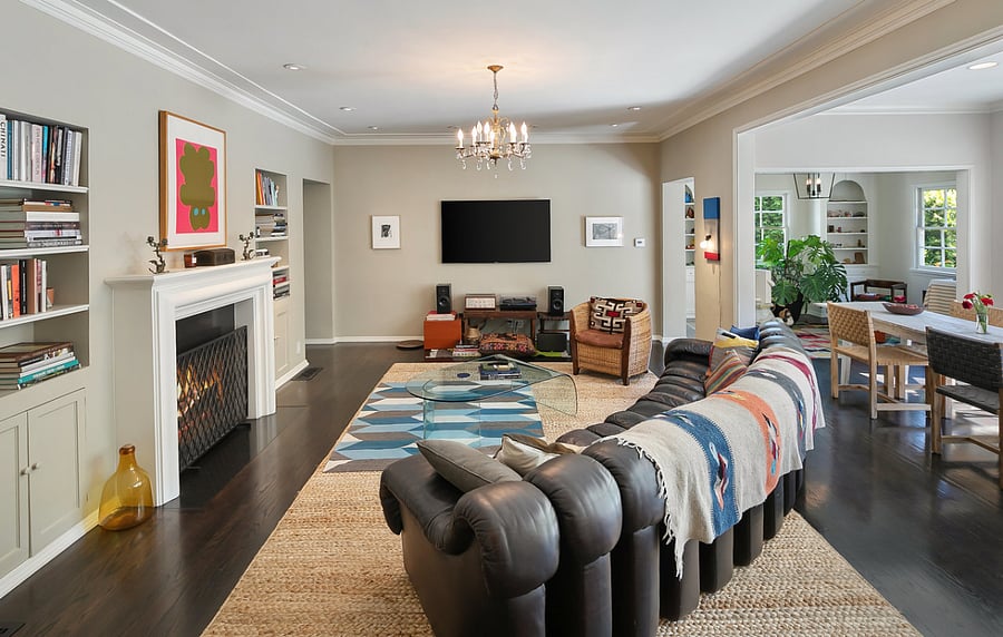 View of the living room featuring fireplace and smart television.