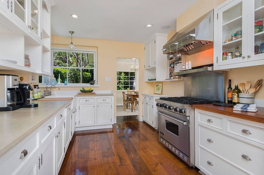 A view of the kitchen from the laundry area.
