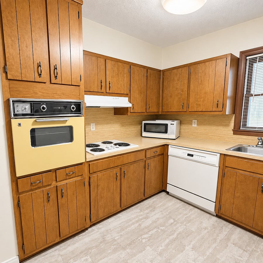 Alternative view of the kitchen with the microwave and oven.