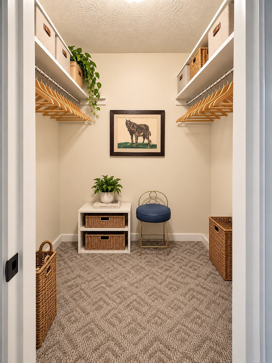 Walk-in closet with overhead storage.