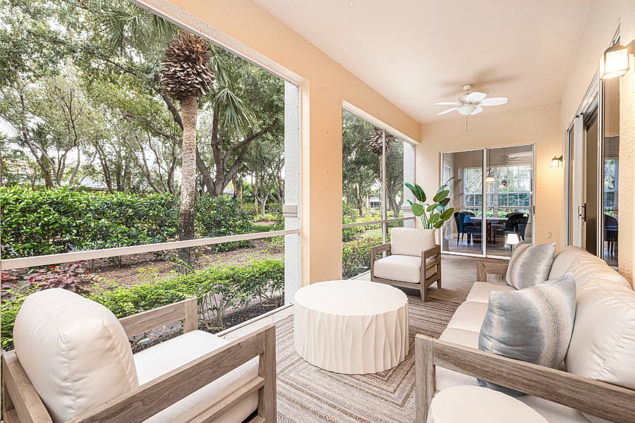 Private lanai overlooking tropical landscaping