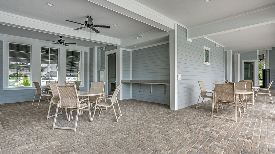 Seating at the pool area, located in the amenities center just across the street, accessible with tenant amenities card