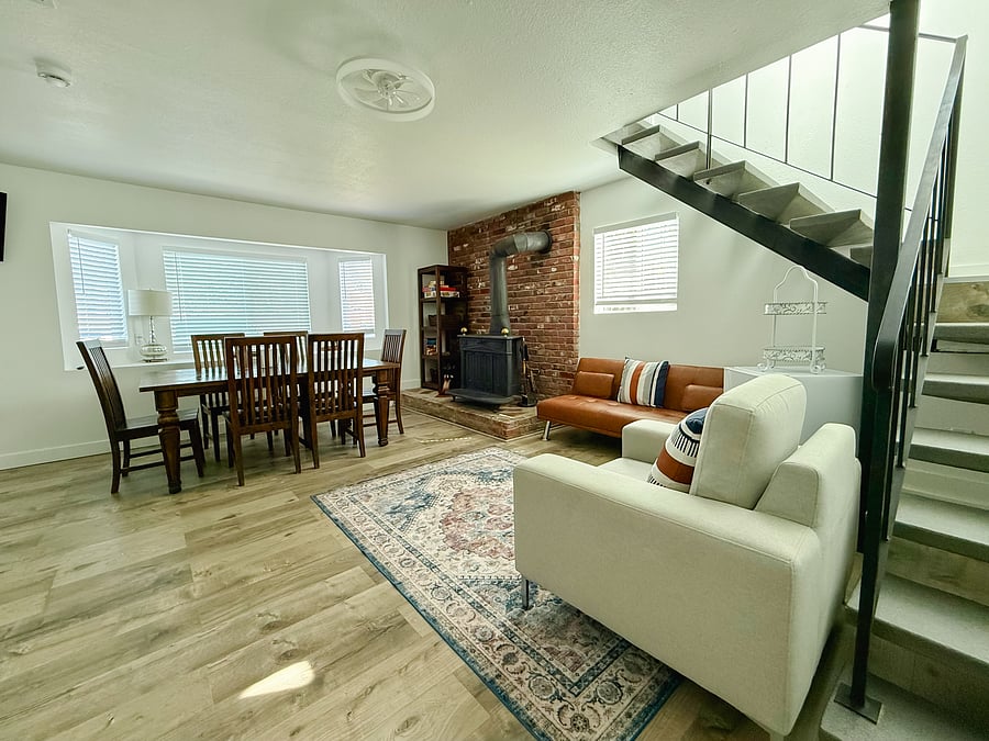 Open Living Space with full dining table, living room, kitchenette