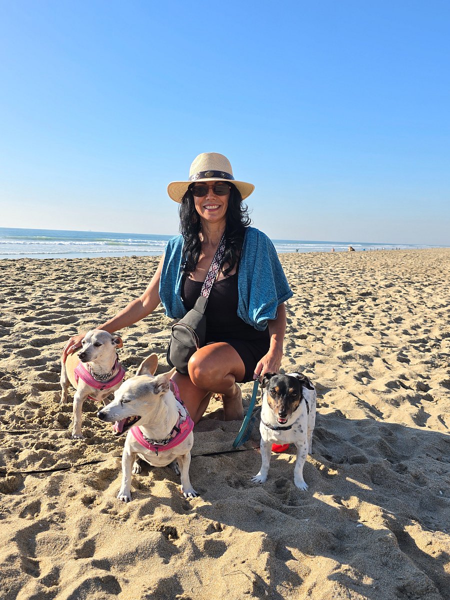 Your host and the resident, senior fur-babies at Huntington Dog Beach