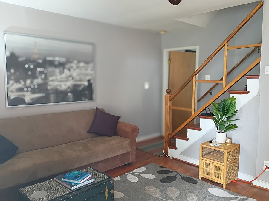 Front sitting room, kitchen door and stairs to bedrooms.