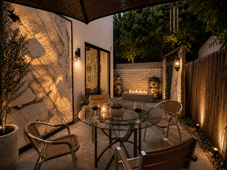 This is a private outdoor space with an illuminated granite slab, a large-scale glass and concrete sculpture adjacent to a BBQ.