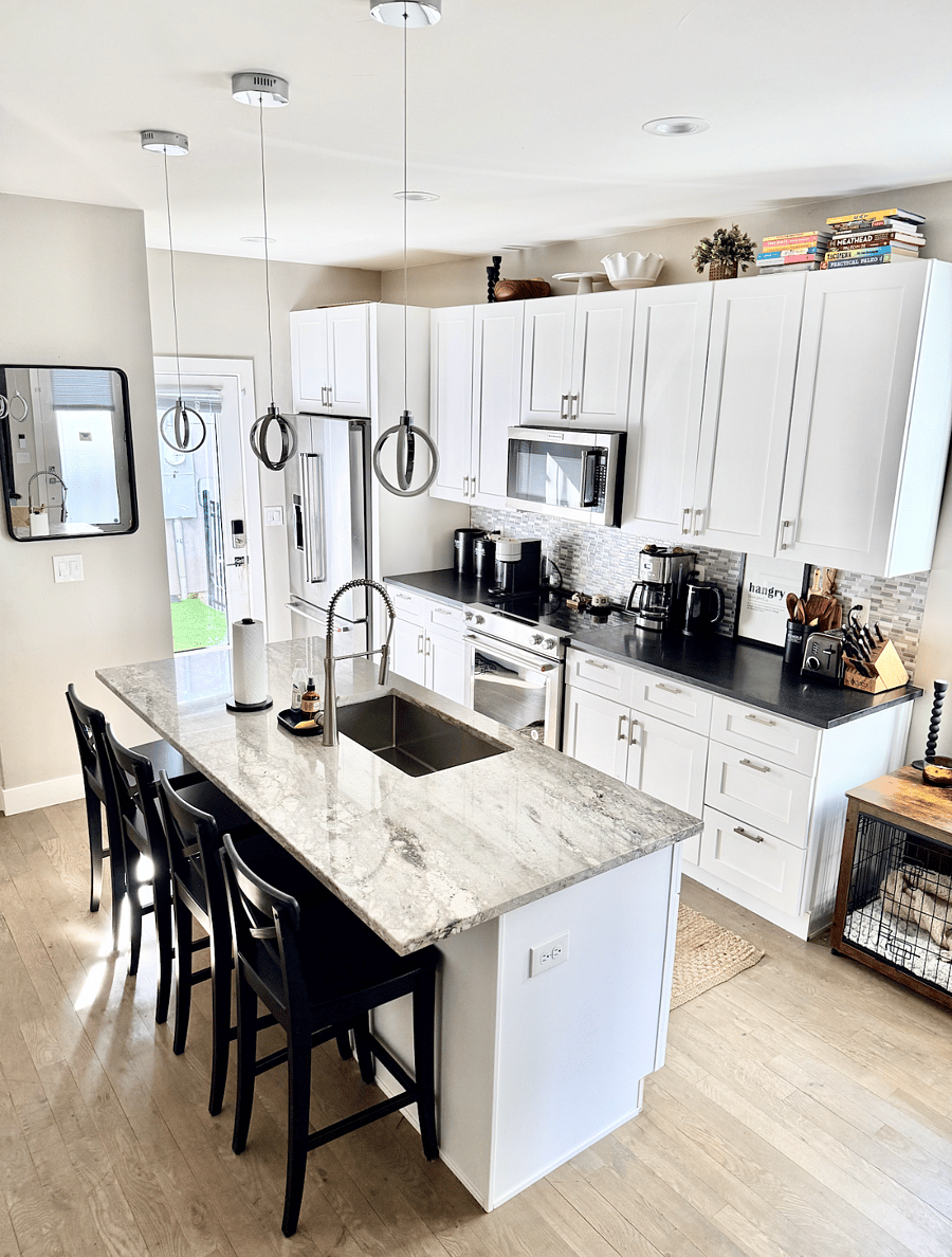 Kitchen, kitchen counter and backdoor.