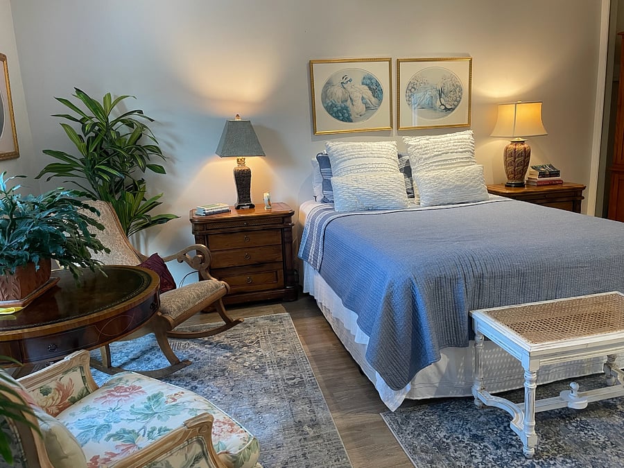 Well Appointed Private Bedroom, Queen Bed, Desk w/Desk Chair & 2- Occasional Chairs