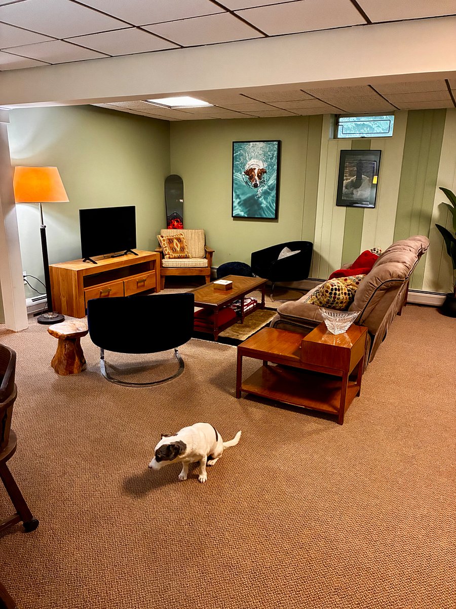 Living area with 55" Samsung smart TV, coffee table with blankets underneath, end tables, candles, 2 x vintage half moon bucket chairs with side table and ottoman, 3rd chair in corner with matching ottoman, tons of pillows, coasters beautifully decorated extra large space.