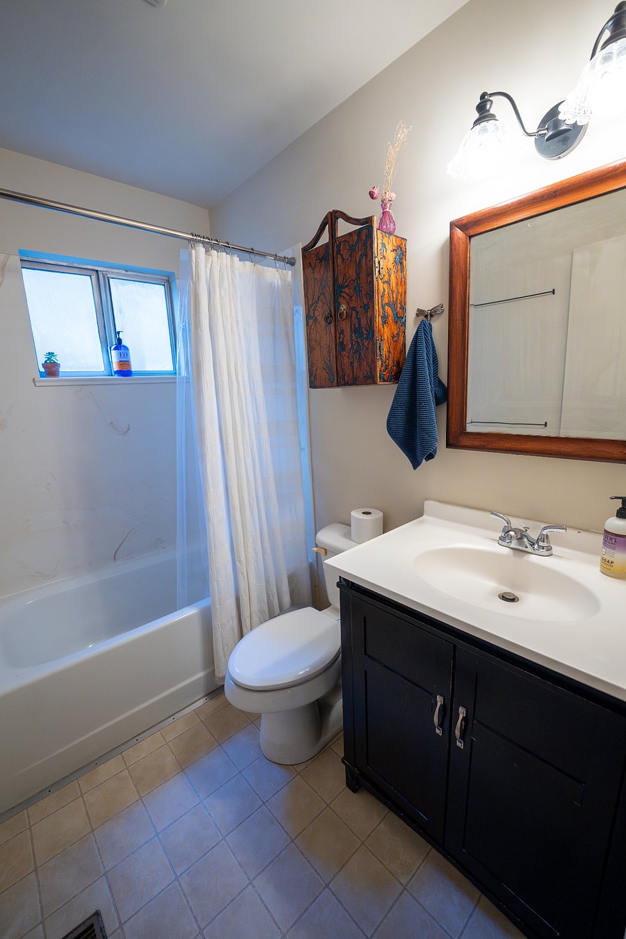 Bathroom with deep soaking tub.