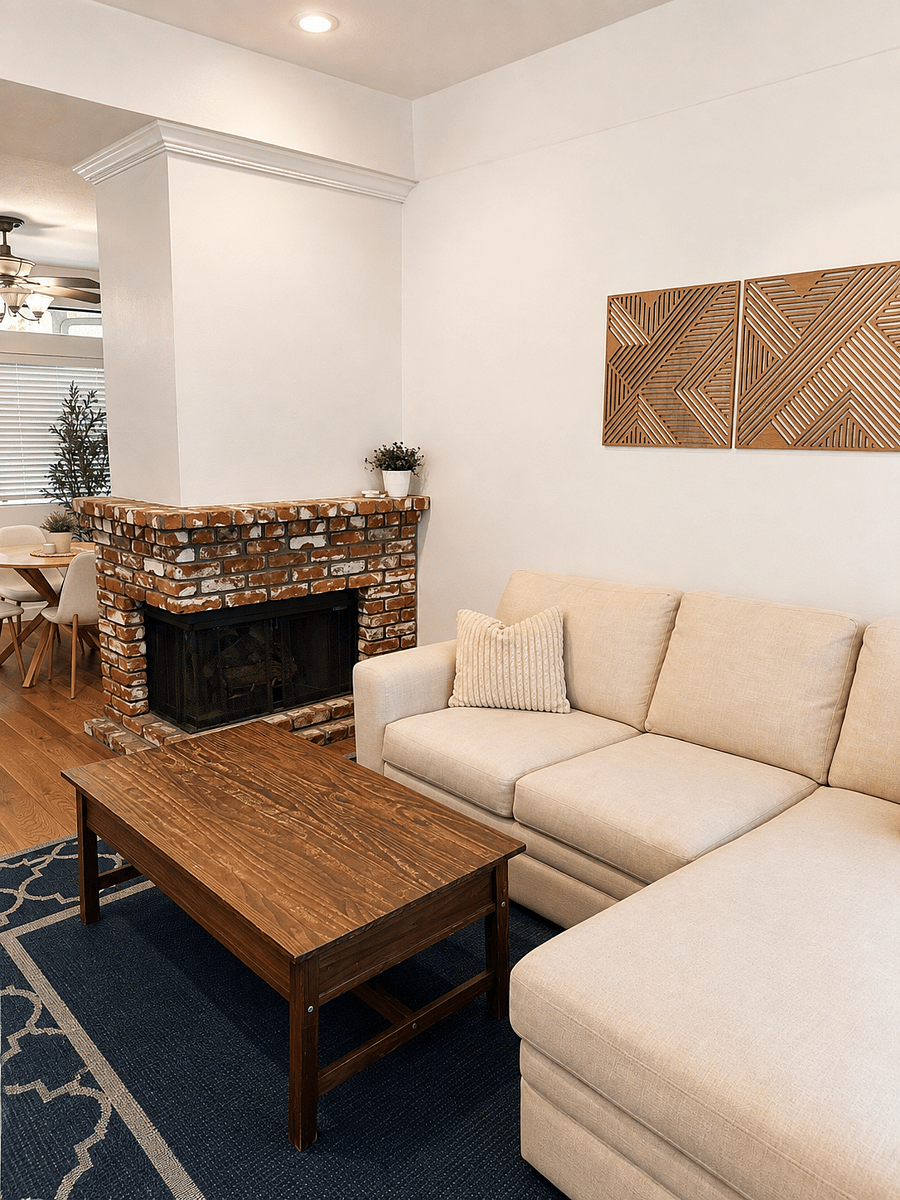 Fireplace and living room couch 