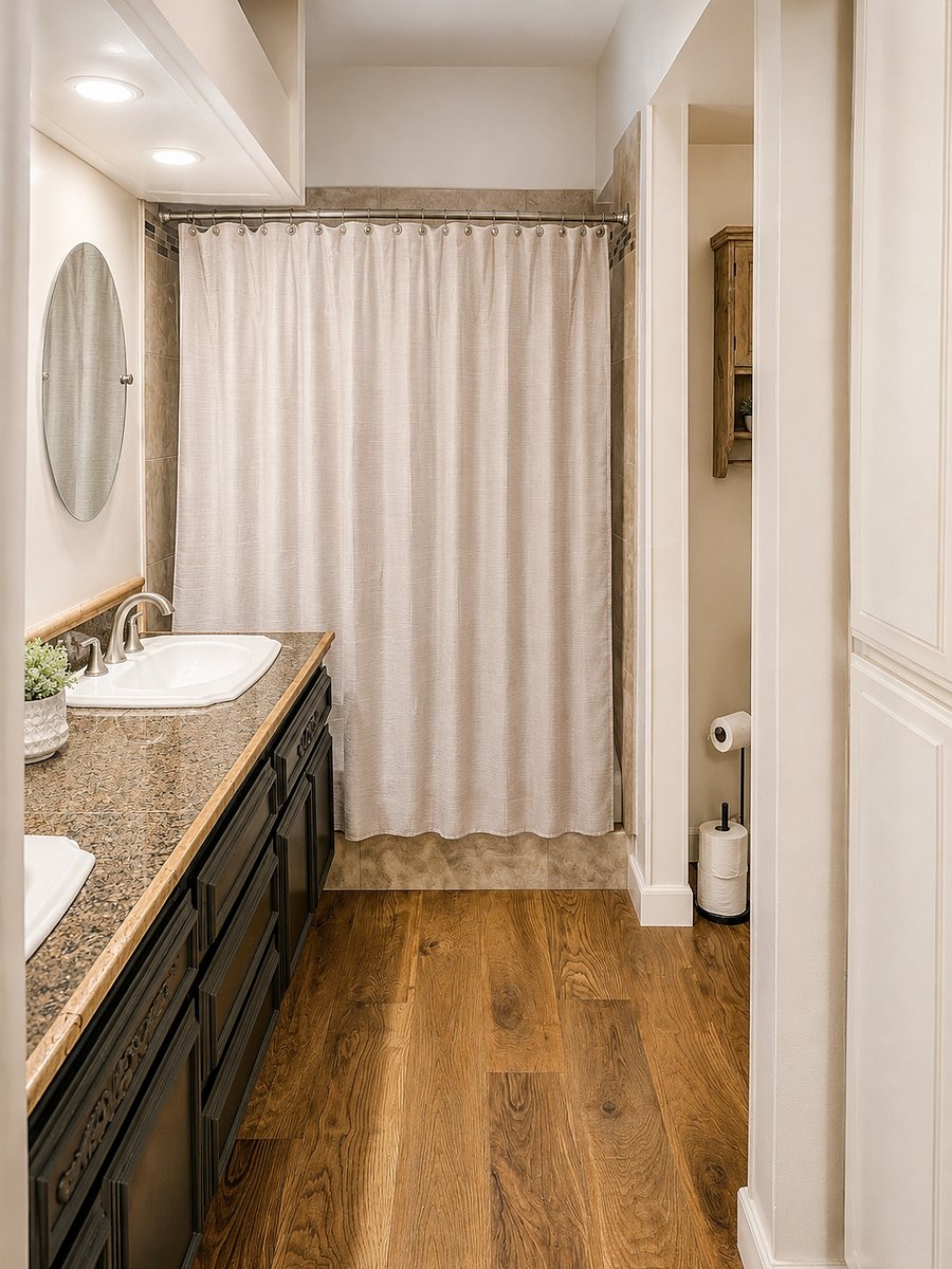 Bathroom with double sinks and storage