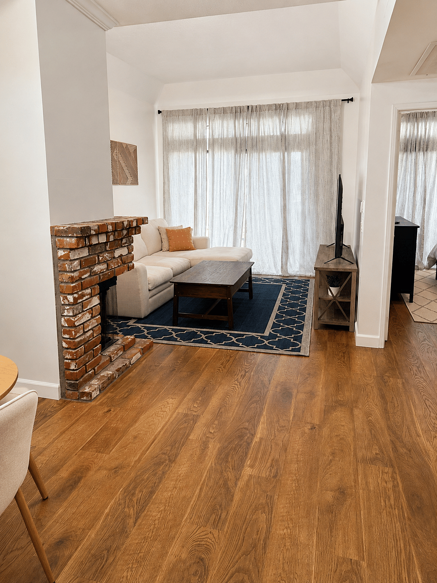 Fireplace and living room with smart TV