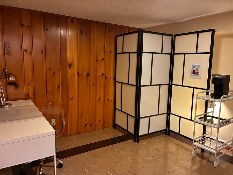 Private desk and coffee station.