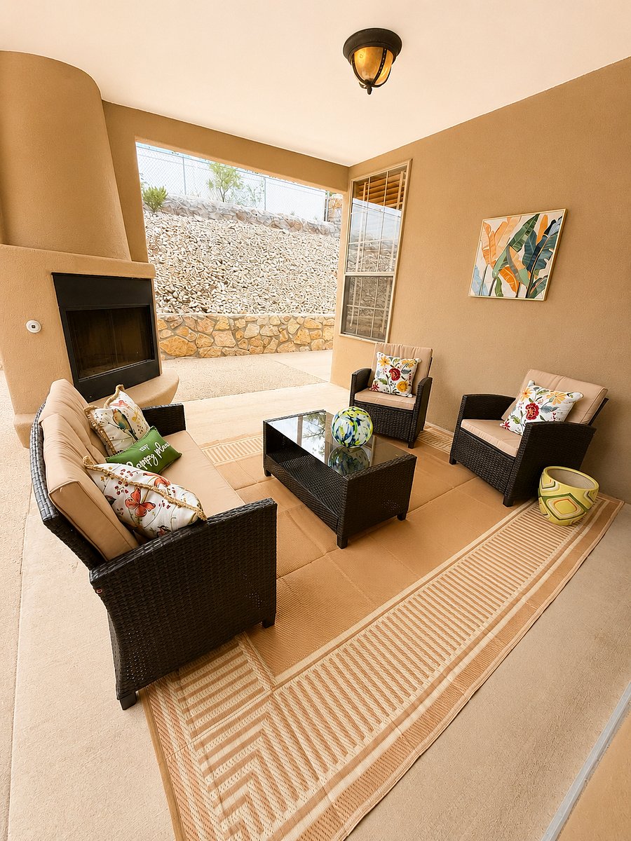 Backyard covered patio with fireplace