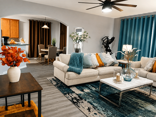 Living room showing coffee nook and casual dining.