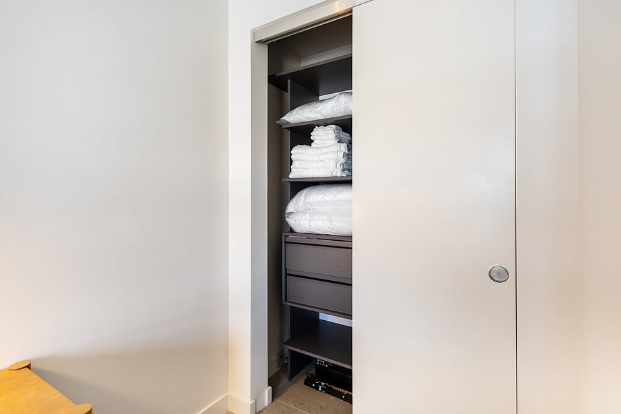 Ample closet space stocked with extra linens, pillows and bath towels. Iron, shirt and dress hangers also available.