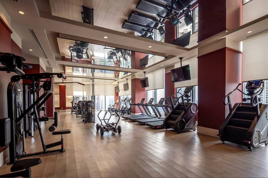 State of the art gym featuring free weights, punching bags and cardio equipment on top of it all on the 33rd floor!