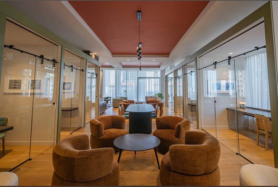 Co-working lounge with dedicated workspaces a d private meeting rooms
