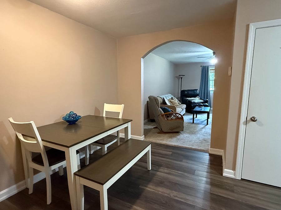 Dining table with 4 chairs or a bench. Extra leaf to extend for a bigger size table available.