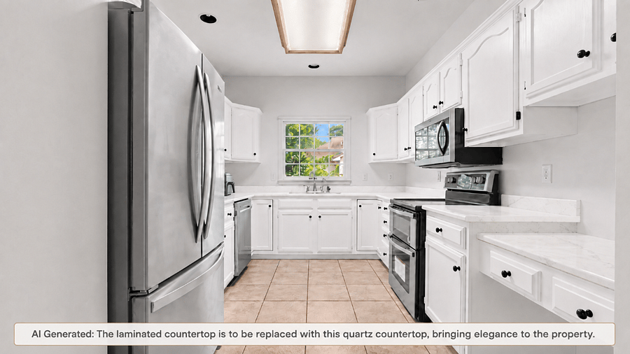 Bright, fully equipped kitchen with generous cabinet space, stainless steel appliances, countertop essentials, and a separate pantry for additional storage.