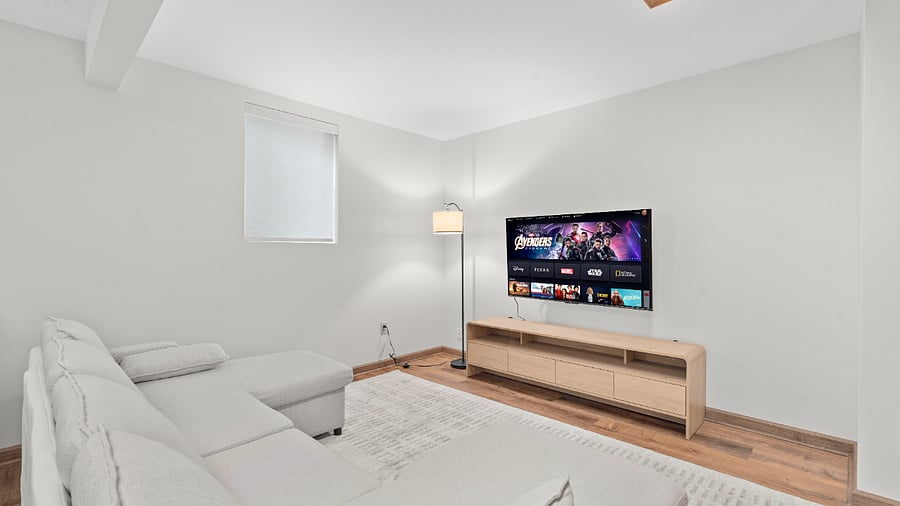 Flexible basement bedroom/lounge with a convertible sofa for comfortable seating or sleeping with pool table.