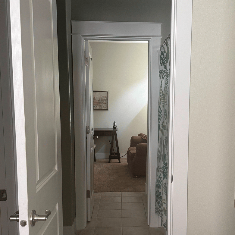 View from primary down hall & through bathroom to den