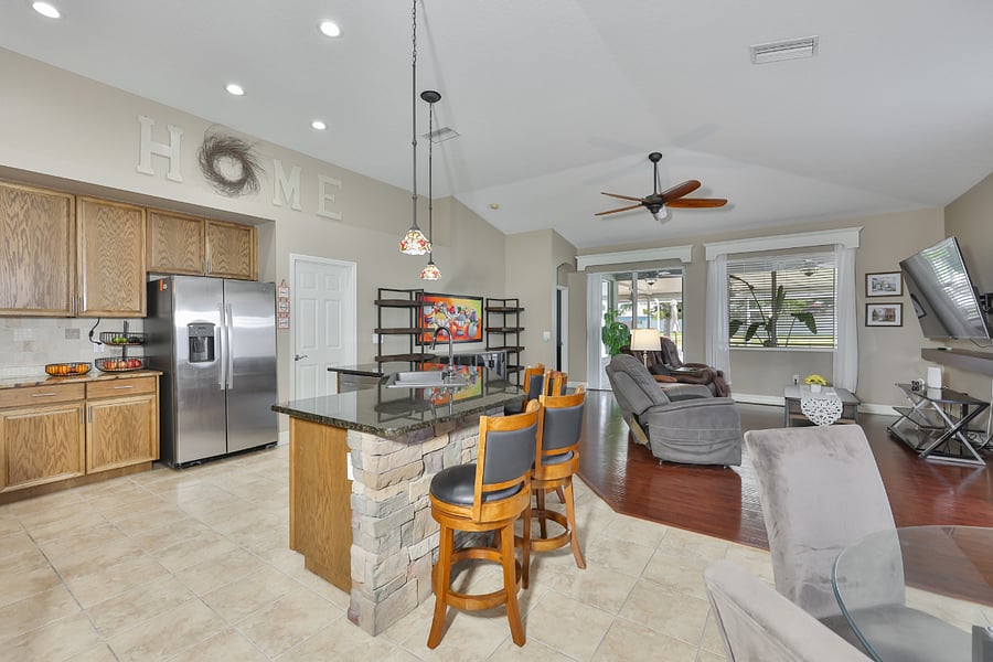 Great Room with kitchen open to family room and casual dining area