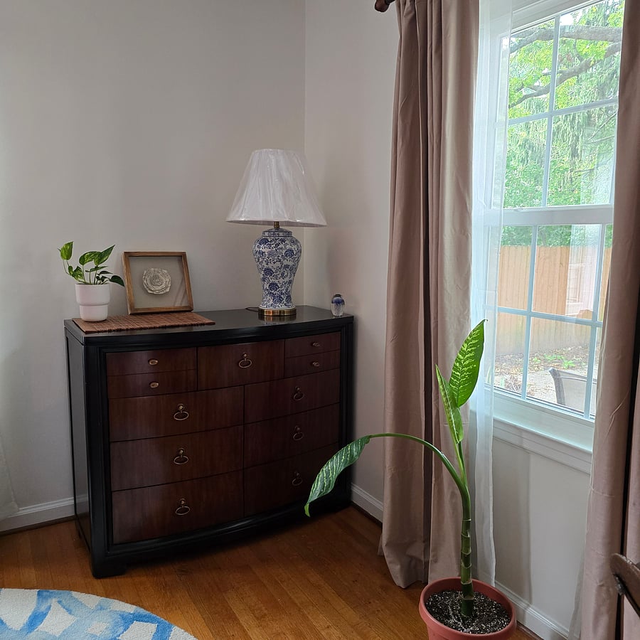 Generous size dresser for your clothing. Second window with blackout curtains.