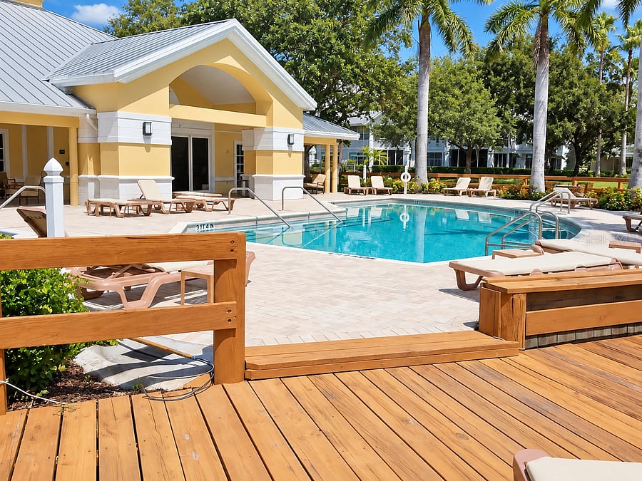 A landscaped pool area and clubhouse add another comfortable outdoor space to enjoy during your stay.