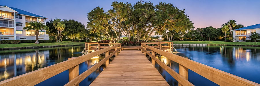 Scenic boardwalks and water features give the community a peaceful setting for an evening stroll.