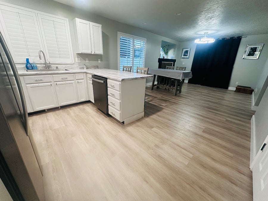 Open shared kitchen and dining area with plenty of space.