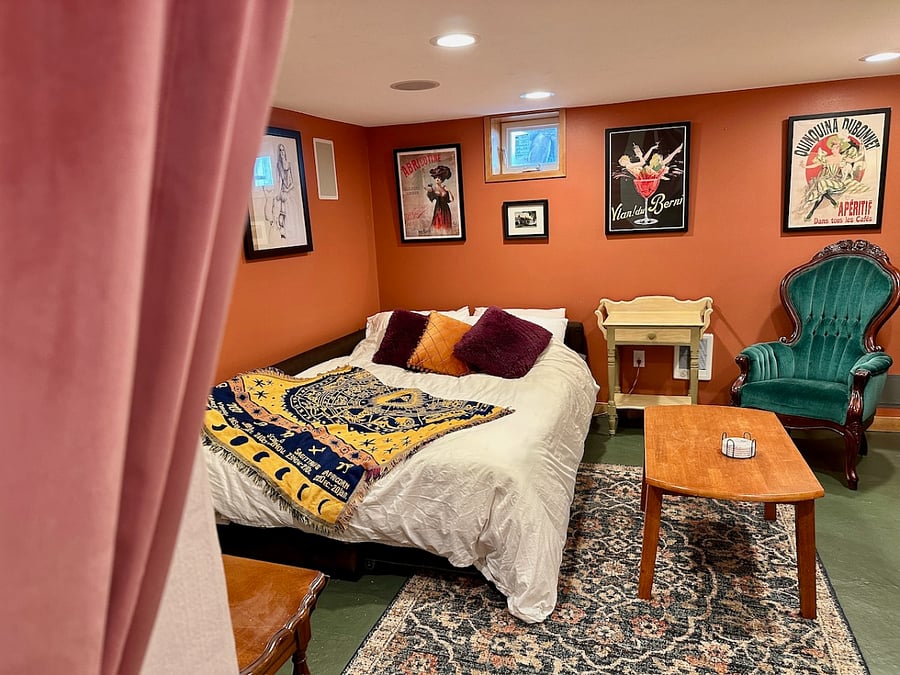 Pull-out couch in the basement converts to a full bed
