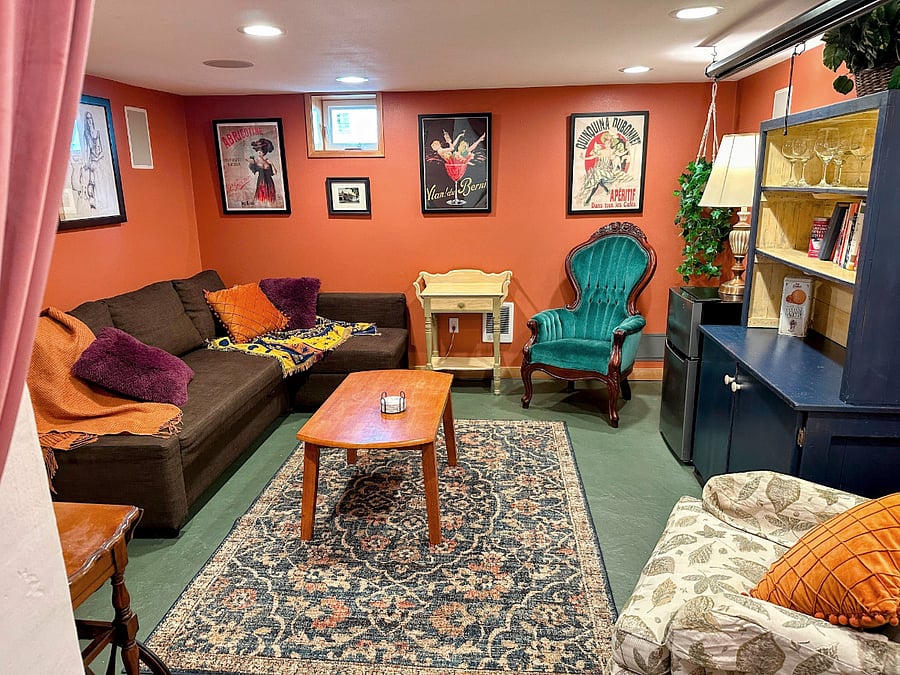 Basement living/entertainment room, with hideaway bed