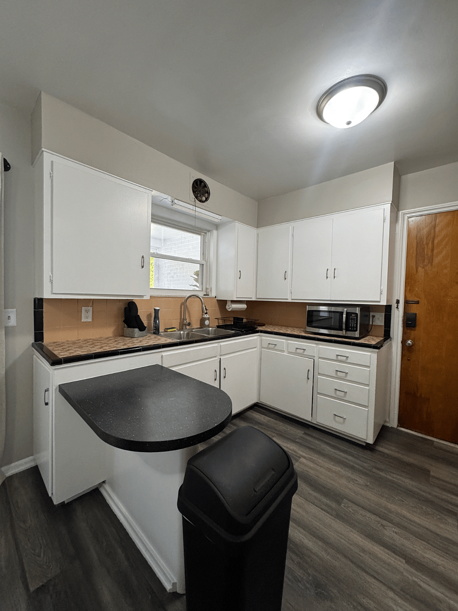Full kitchen: Microwave, fridge, stove, toaster, pots pans, utensils - enough to cook and serve 4