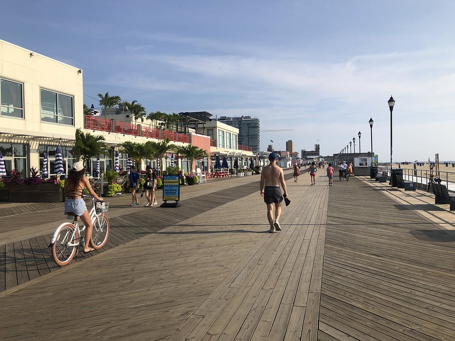 Asbury Park boardwalk, bustling in the summer, quieter off season. Arcade, Water Park, Mini-Golf, Boutiques, Restaurants, Nightlife.