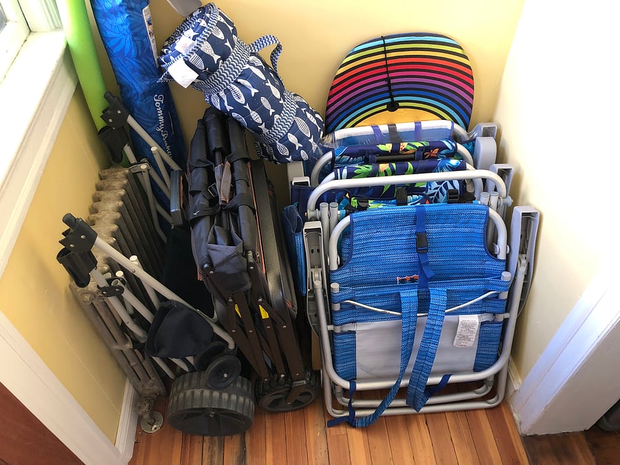 5 beach chairs, 1 umbrella, wagon, schlepper, boogie boards, beach blanket, all there for you to use.