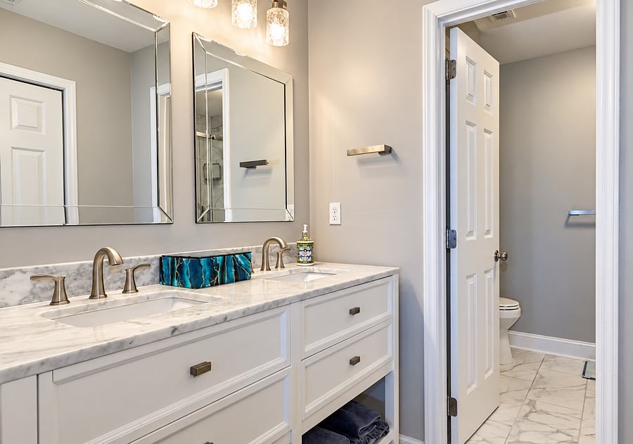 Master Bathroom Double Sinks with Walk-In Closet on opposite wall