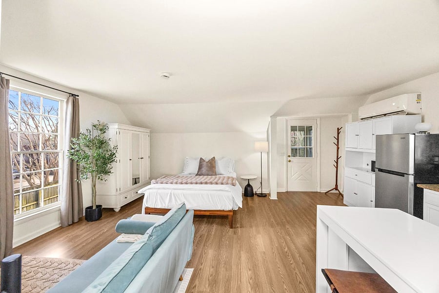 A spacious studio design that balances comfort, function, and a clean, modern feel!