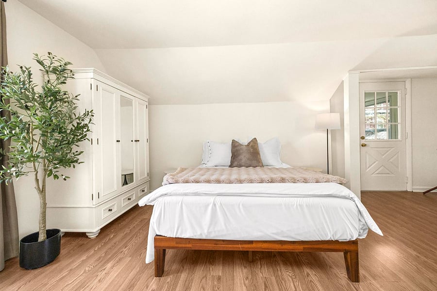 Rest easy with a queen memory foam bed and a full armoire for simple, organized storage!