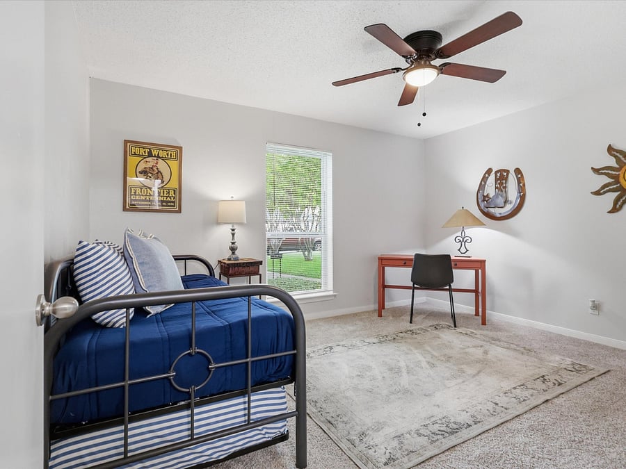 Bedroom 3 has twin size trundle bed and student desk for home office.