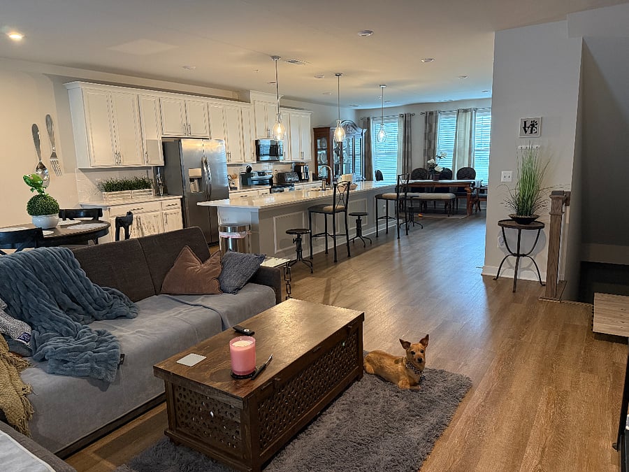 Main level (kitchen, TV, Dining, Gym Equipment)