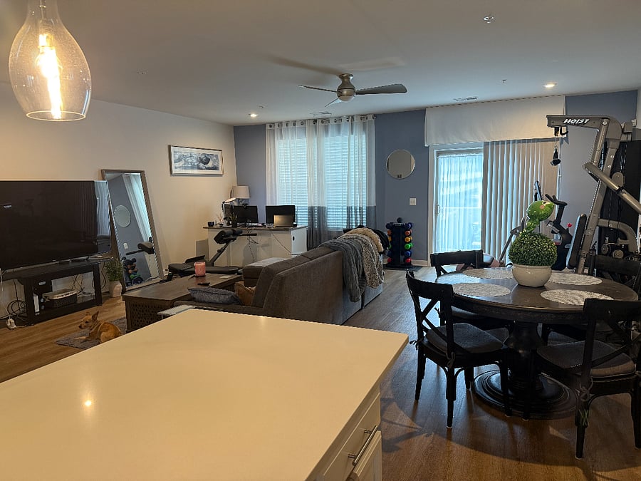 Main level (kitchen, TV, Dining, Gym Equipment)