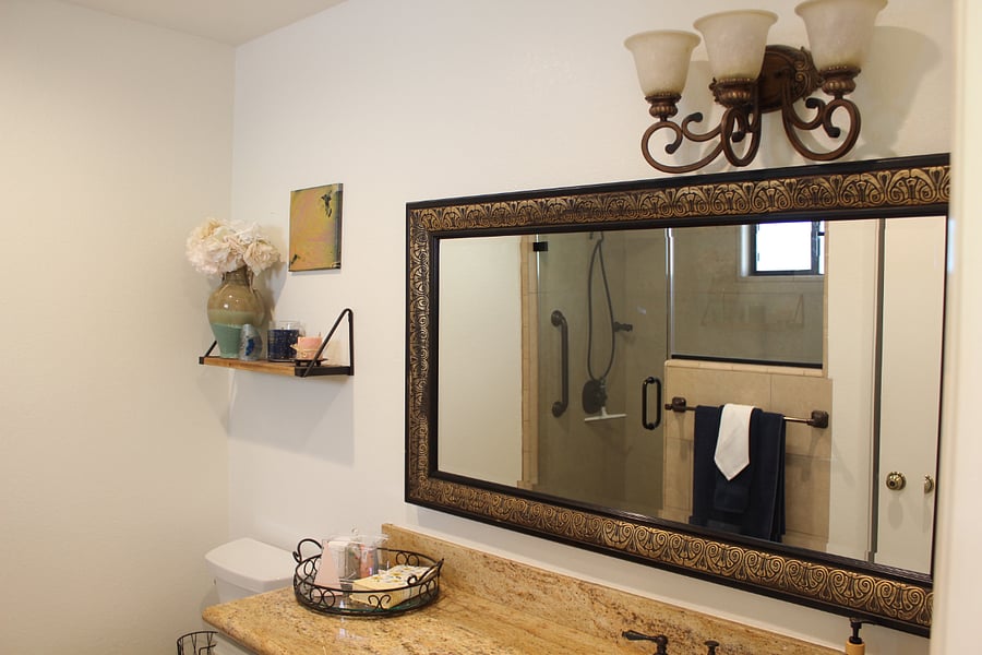 Full sized bathroom with one sink and lots of cabinet space.