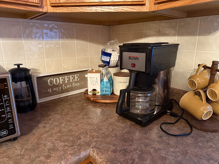 Coffee area. Can choose from a coffee maker or a french press. 
