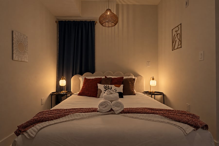 Blackout curtains drawn, bedside lamps glowing. Your bedroom becomes a calm, dark retreat for restful sleep, whether you work days or overnight shifts.