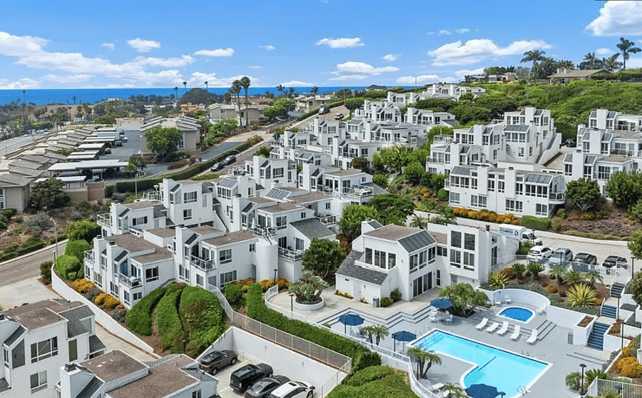 Aerial view of condo complex.