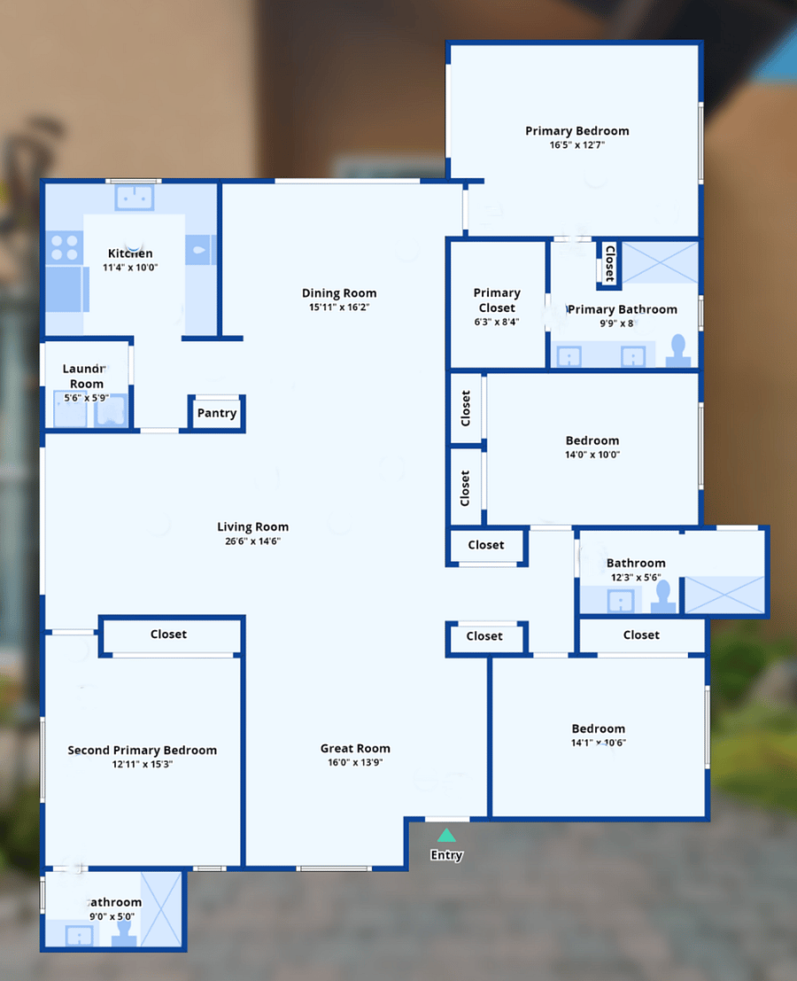 Floor plan. Bedrooms do not share walls, for maximum privacy.