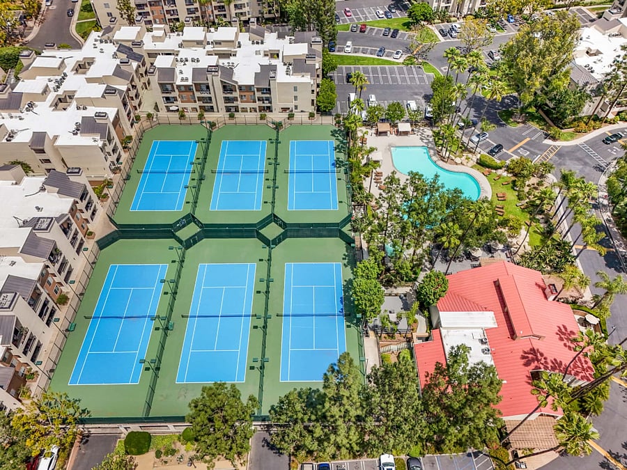 Birds eye view of complex - tennis courts, pools