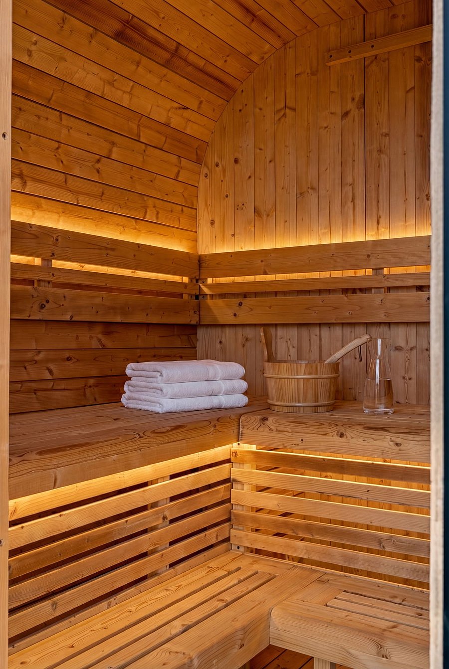 Private sauna with seating and fresh towels.